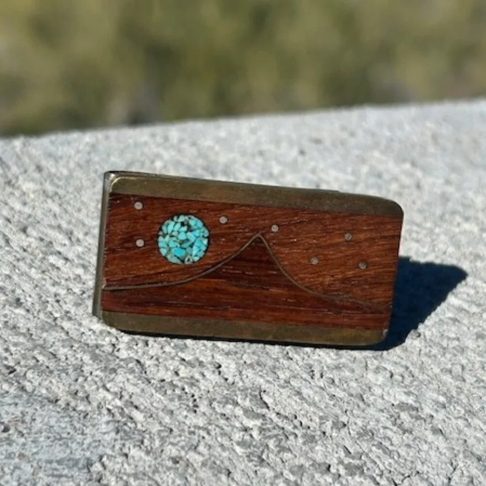 KENNETH REED Wood Brass Turquoise Inlay MONEY CLIP